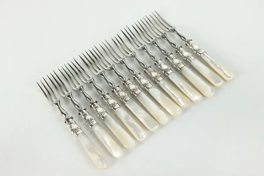 Main image of Set of 12 Silverplate Antique Pearl Handle Appetizer Seafood Lemon Forks