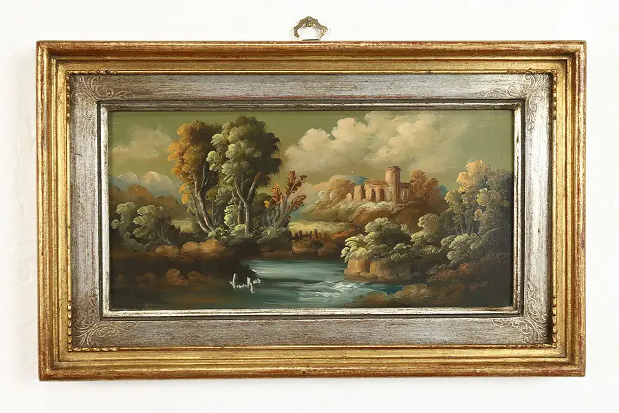Main image of Dutch Countryside Landscape Original Vintage Oil Painting Van Ros 12.5"