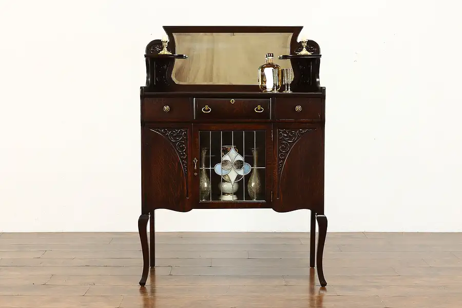 Main image of Oak Antique Bar Cabinet, Sideboard, Server, Leaded Stained Glass Door