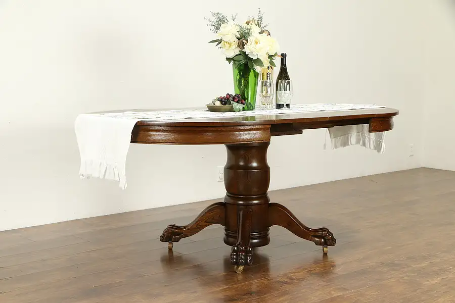 Main image of Round Antique 45" Quarter Sawn Oak Dining Table, 2 Leaves, Lion Paw Feet