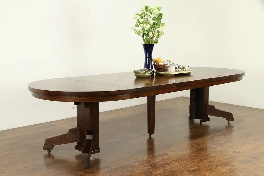 Main image of Craftsman Oak Quarter Sawn Antique 54" Round Dining Table, Extends 10'