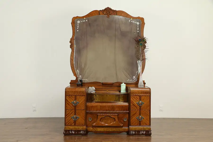 Main image of Art Deco Waterfall Vintage Vanity or Dressing Table, Gold Mirror Mosaic