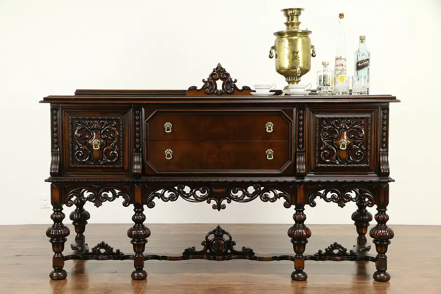 Main image of English Tudor Antique 1925 Walnut Sideboard, Server or Buffet, Ottawa