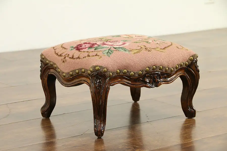 Main image of French Antique Hand Carved Footstool, Needlepoint Upholstery