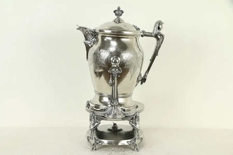 Main image of Victorian Silverplate Antique Tilting Water Pitcher, Faces, Stimpson 1854