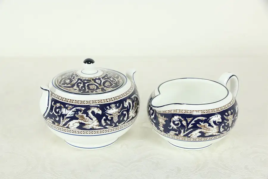 Main image of Wedgwood Cobalt Blue Florentine Pattern Creamer and Sugar Set