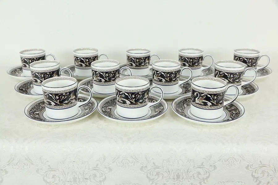 Main image of Wedgwood Cobalt Blue Florentine Pattern Set 12 Demitasse Cups & Saucers