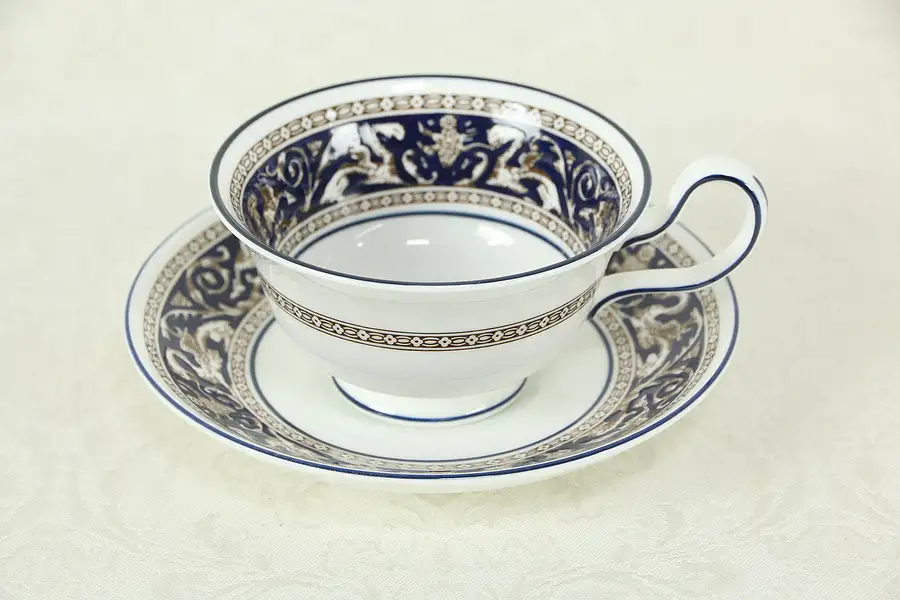 Main image of Wedgwood Cobalt Blue Florentine Pattern Coffee or Tea Cup and Saucer