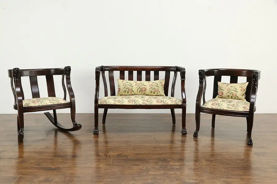 Main image of Victorian Antique 3 Pc Parlor Set, Settee, Chair & Rocker, Lion Heads