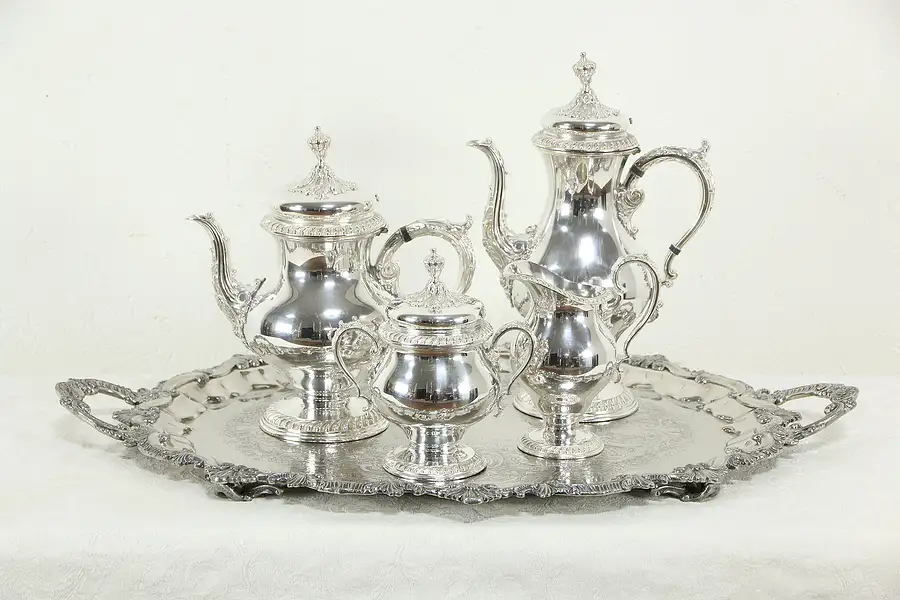Main image of Silverplate Antique Large Tea & Coffee Service, 5 Pc Set with Tray Signed