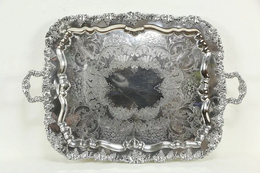 Main image of Victorian Antique English Engraved 31" Silverplate Tray Grape Motif EGW&S