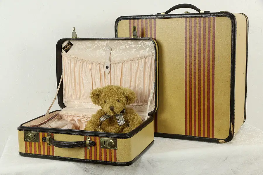 Main image of Pair 1940 Vintage Leather Trim Suitcases, Yale Locks, Oshkosh Luggage