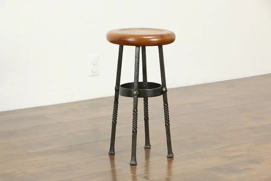 Main image of Hand Forged Wrought Iron Stool, Cherry Seat, Signed Moebius of WI