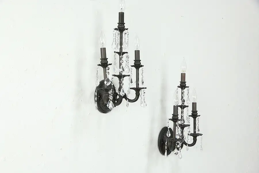 Main image of Pair of Triple Bronze Finish Wall Sconces, Cut Crystal Prisms
