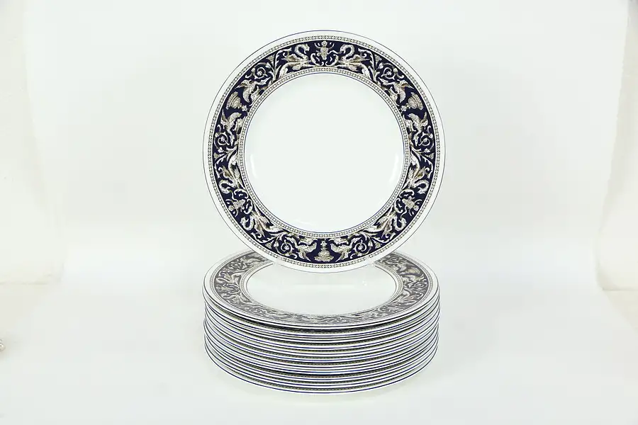 Main image of Wedgwood Cobalt Blue Florentine Pattern Set of 12 Dinner Plates 10 3/4"