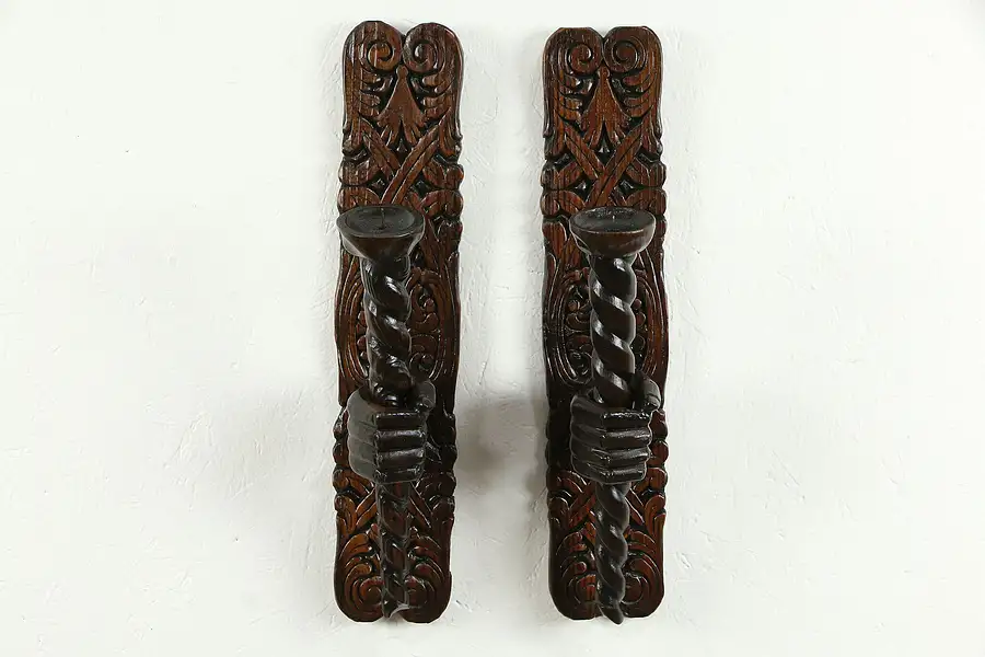 Main image of Pair of Antique Pine Wall Candle Sconces, Carved Pine Hand Holders