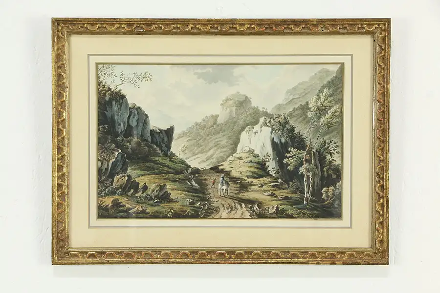 Main image of Travelers in the Alps Original Antique Watercolor Painting 21"