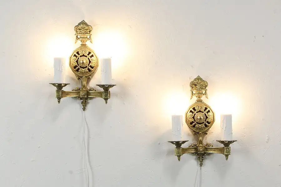 Main image of Pair Vintage Solid Brass Wall Sconce Lights, Drip Candles, Crescent BM