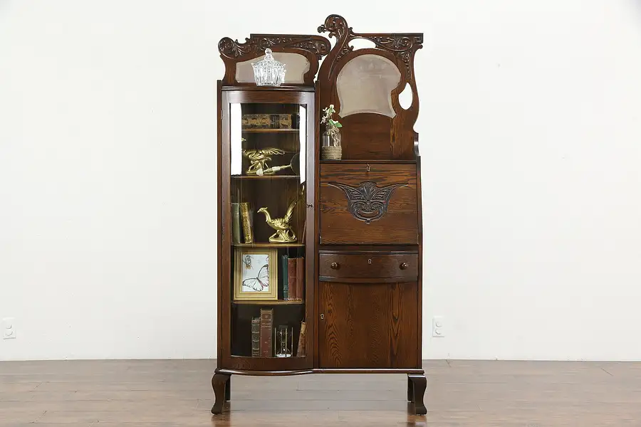 Main image of Oak Side by Side Secretary Desk & Bookcase, Curved Glass, Beveled Mirrors