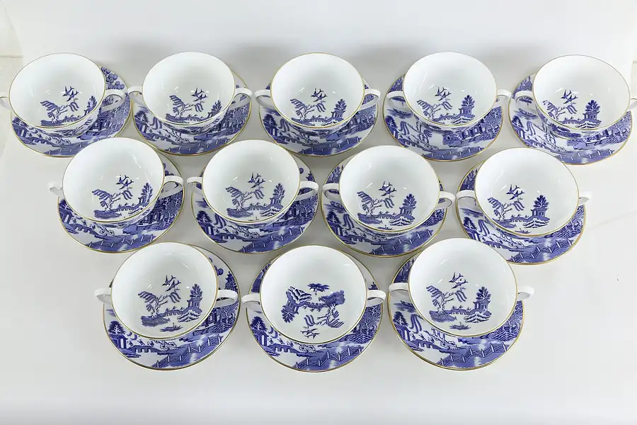Main image of Set of 12 Coalport Blue Willow English Cream Soup Cups & Saucers