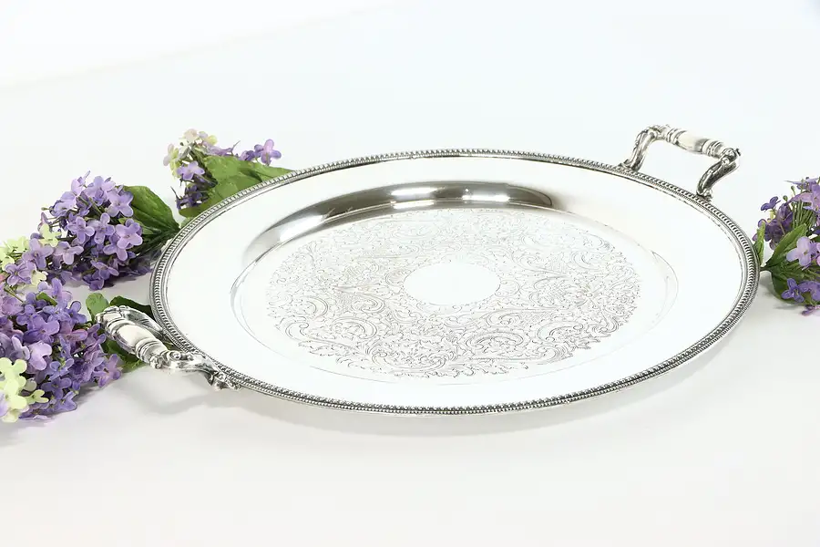 Main image of Round Vintage Antique Silver Plate Serving Tray, Sheets Rockford