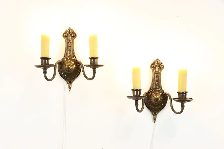 Main image of Pair of Antique Brass Double Wall Sconce Lights, Beeswax Drip Candles