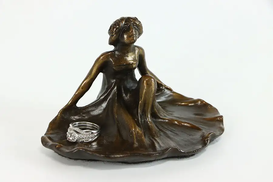 Main image of Art Nouveau Cast Iron Trinket, Jewelry, Dresser Tray of Woman Figurine