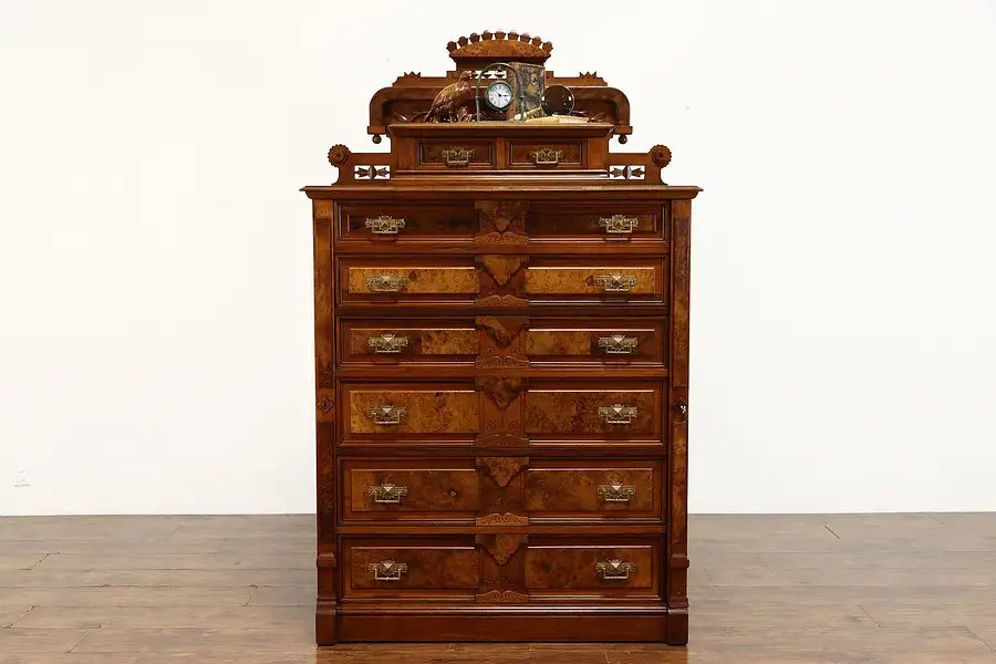 Main image of Victorian Eastlake Antique Walnut & Burl Sidelock Chest, Dresser, Highboy