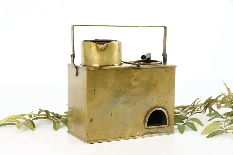 Main image of Japanese Farmhouse Antique Engraved Brass Sake Warmer with Pots
