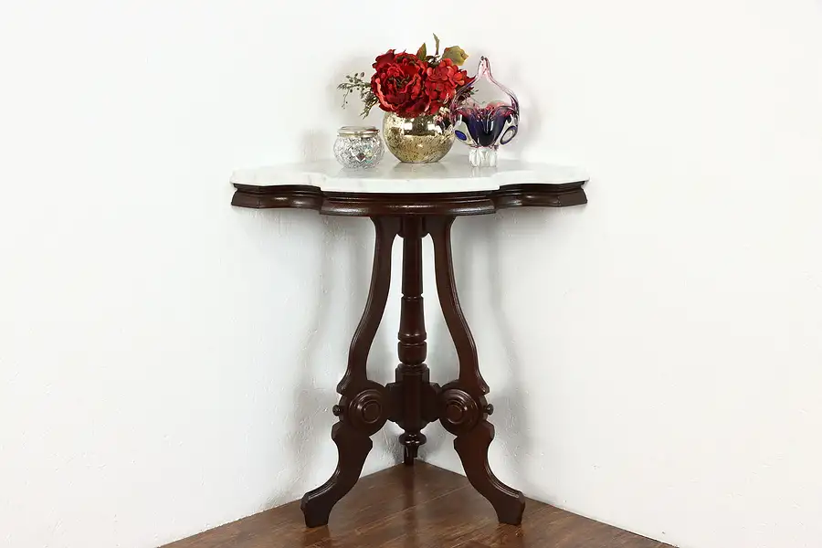Main image of Victorian Antique Walnut Corner Parlor or Hall Table, White Marble Top