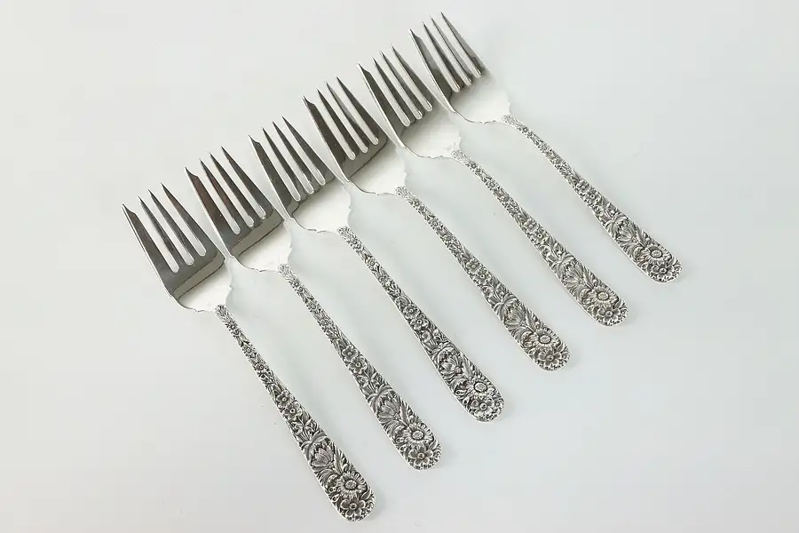 Main image of Set of 6 Sterling Kirk and Son Salad Dessert Forks Repousse Silver 6.25"