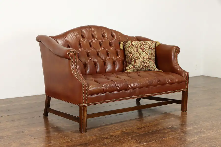 Main image of Faux Leather Tufted Vintage Chesterfield Sofa or Loveseat Brass Nailheads