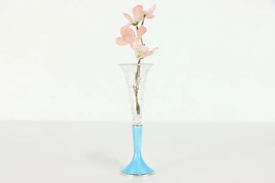 Main image of Art Deco Antique Cut Crystal Bud Vase Blue Enamel Sterling Silver Base 6" 39259