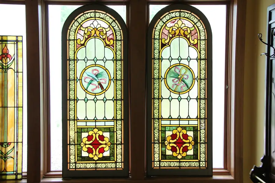 Main image of Pair of Arched Stained Leaded Glass Windows