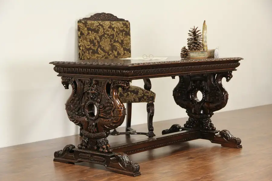 Main image of Renaissance Carved Griffins 1900 Antique Italian Writing Desk Library Table