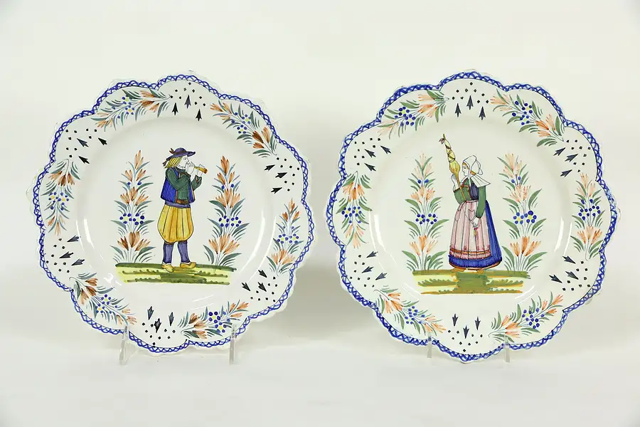 Main image of Quimper France Signed Hand Painted Pair of Antique Plates
