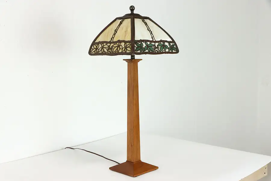 Main image of Stickley Cherry Table or Desk Lamp, Antique Curved Stained Glass Shade
