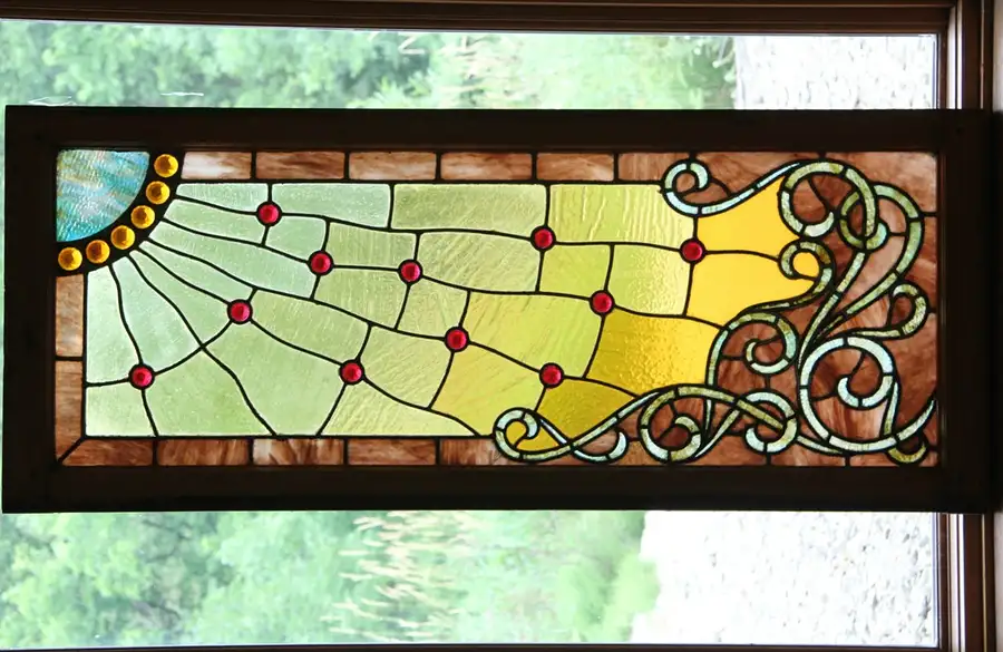 Main image of Stained Glass Antique Leaded Window, Jewels, Sun and Waves in Wood Frame