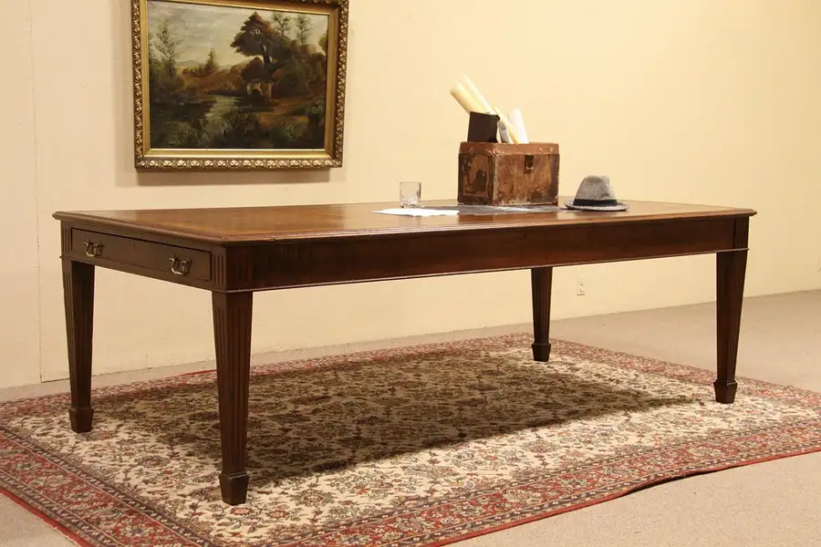 Main image of English 1900 Antique Leather Top Library or Conference Table