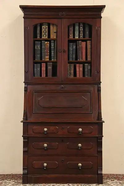 Main image of Victorian Antique 1880 Walnut Secretary Desk & Bookcase
