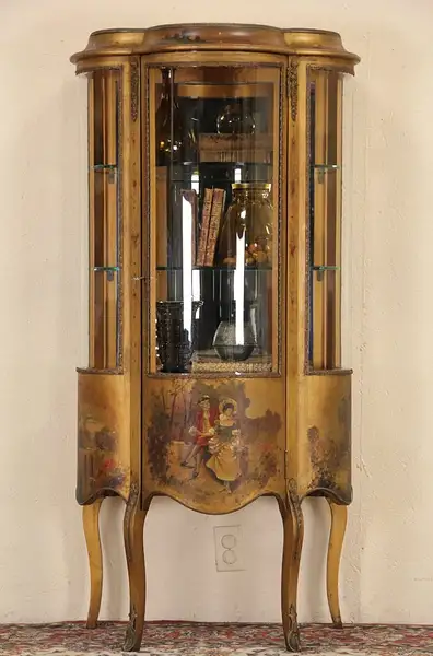 Main image of French 1900 Antique Vitrine Curio Cabinet, Hand Painted Vernis Martin Finish