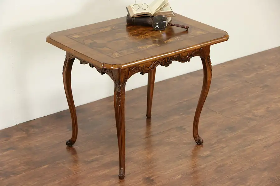 Main image of Italian 1880 Antique Inlaid Marquetry Game, Breakfast or Writing Table
