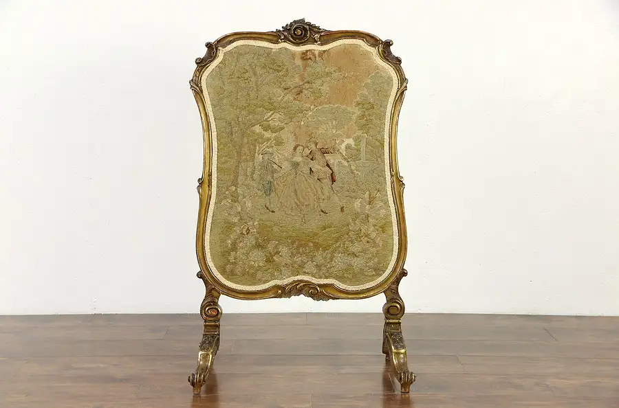 Main image of French Antique 1870's Firescreen, Needlepoint & Petit Point, Gold Leaf