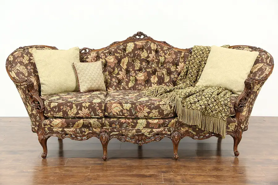 Main image of Carved 1940's Vintage Sofa, Pierced Swag & Rose Motifs, New Upholstery