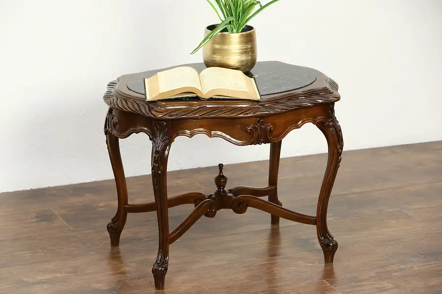 Main image of Oval 1920's Antique Carved Turtle Shape Lamp or End Table, Black Marble