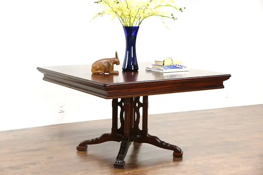 Main image of Square 48" Antique 1900 Breakfast, Dining or Hall Table, Carved Pedestal
