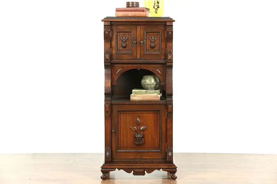 Main image of Tobacco Leaf Carved Walnut Antique 1900 Smoking Stand or Nightstand