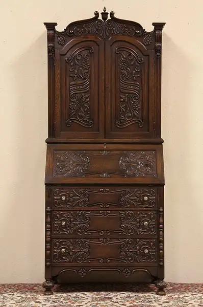 Main image of Renaissance Carved Oak 1930 Secretary Desk