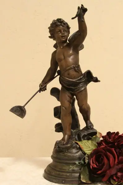 Main image of Cherub Fishing "Peche" Signed French Sculpture 1900 Antique Statue