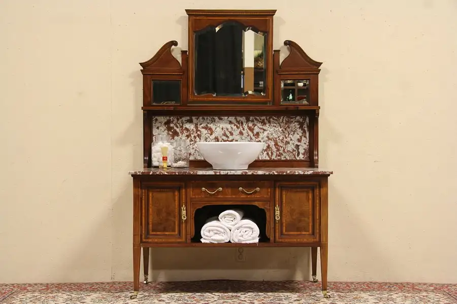 Main image of Marble Top 1900 Antique Washstand, Server, Bar or Vessel Sink Vanity